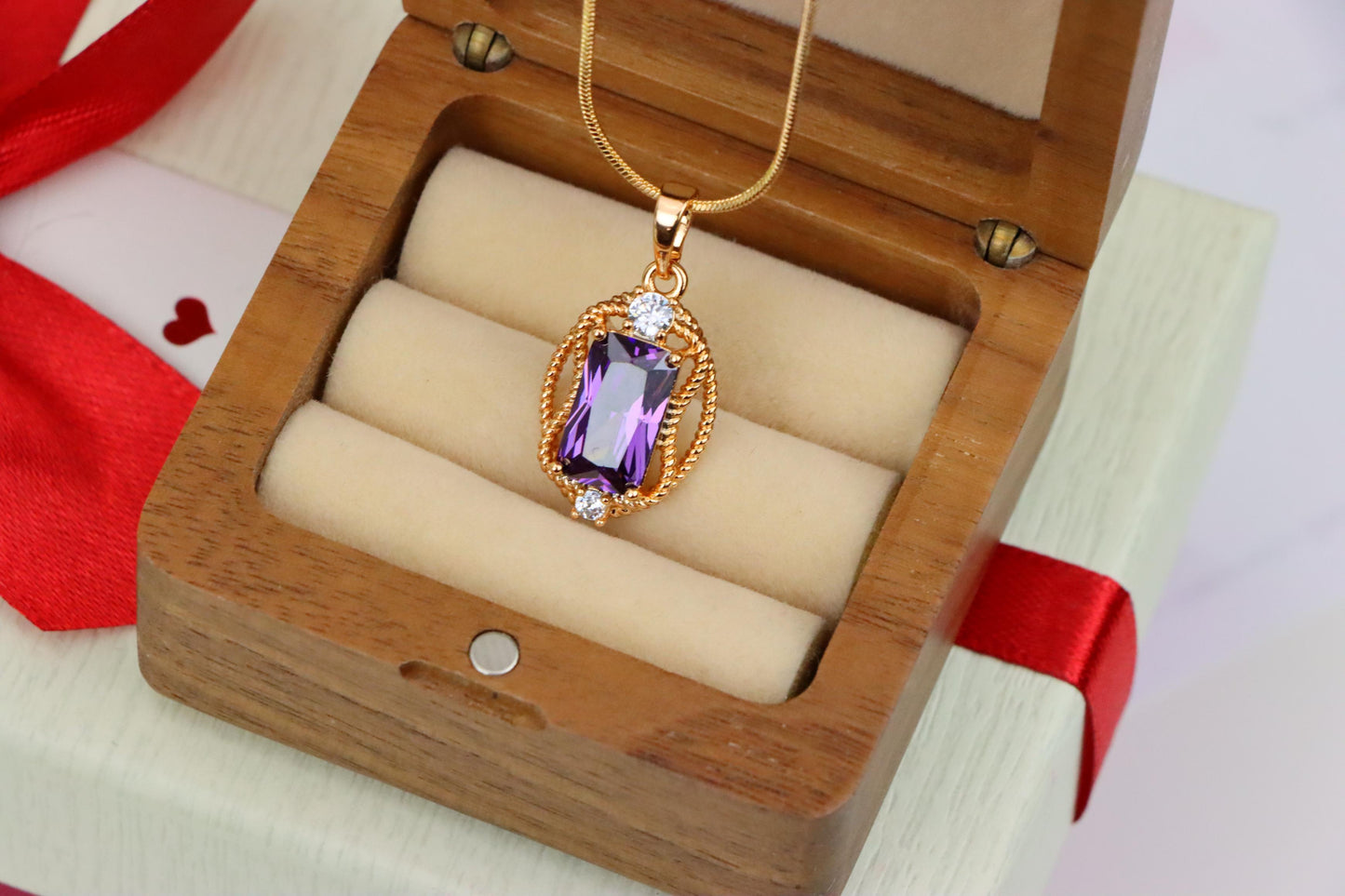 Purple Rectangle Pendant with Gold Plated Frame and Crystal Accents, XPPT1683 (2164-3)