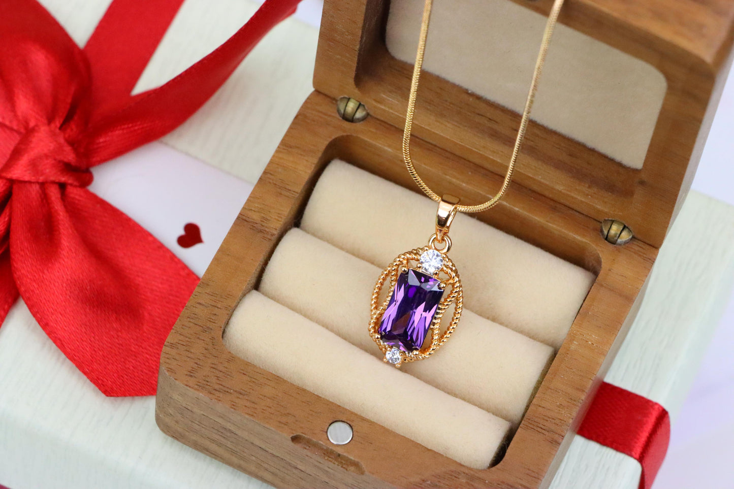 Purple Rectangle Pendant with Gold Plated Frame and Crystal Accents, XPPT1683 (2164-3)