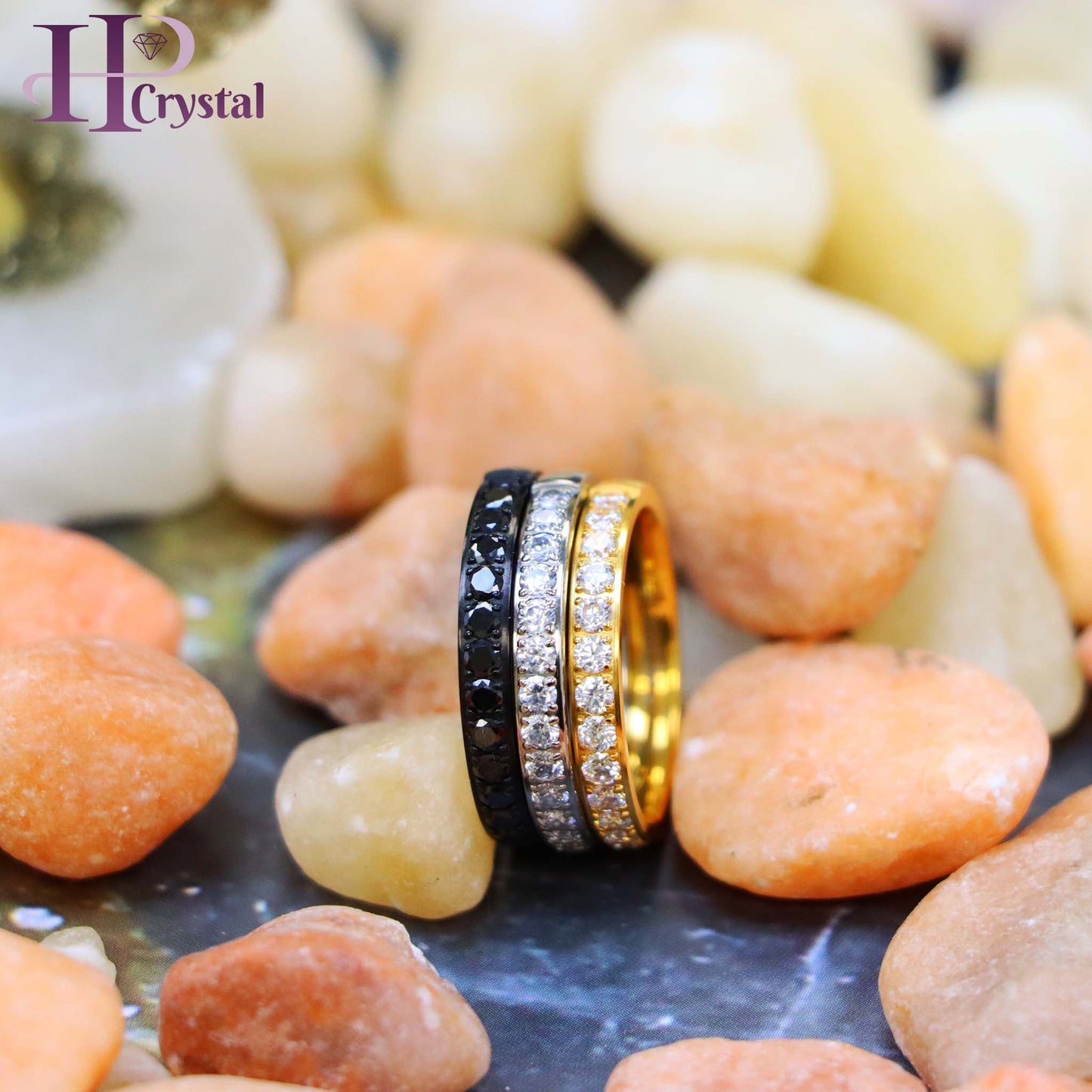 Titanium Half Eternity Ring with White & Black CZ Stones - Yellow & Black IP Plated, Stylish & Durable Wedding Band