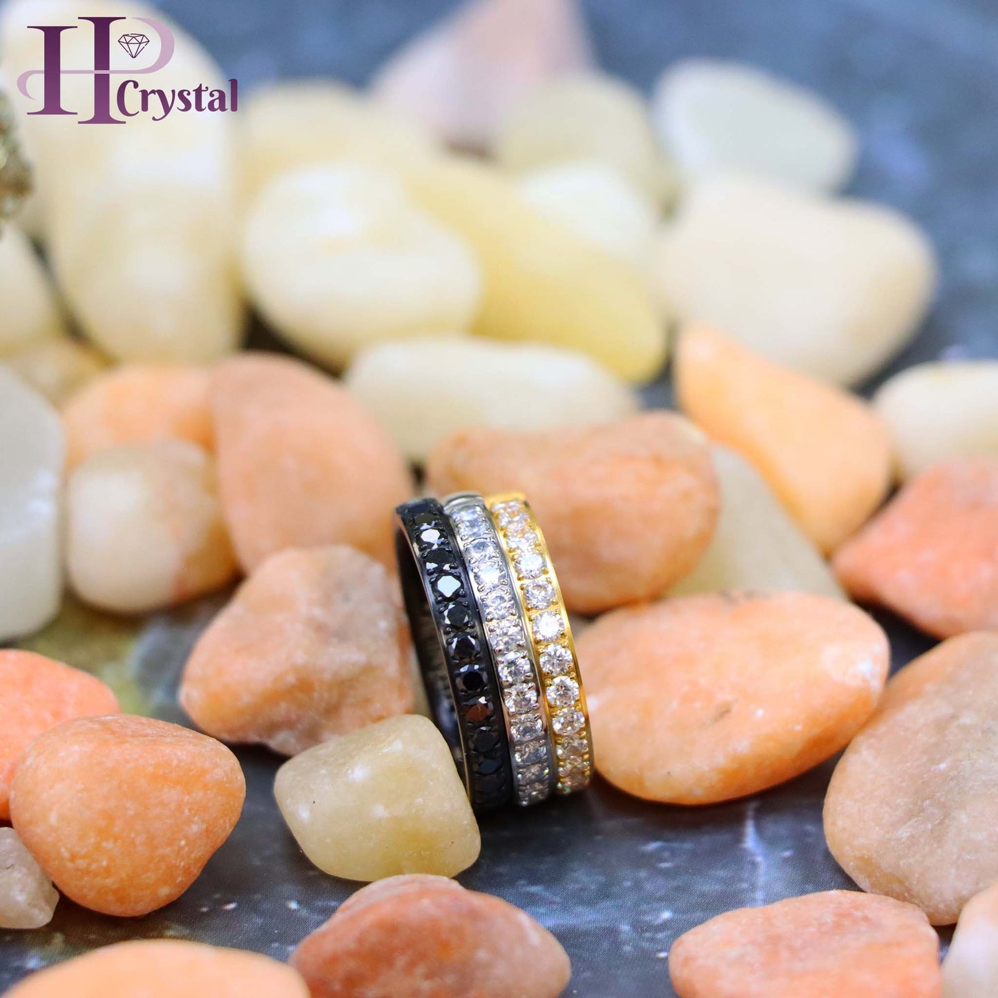 Titanium Half Eternity Ring with White & Black CZ Stones - Yellow & Black IP Plated, Stylish & Durable Wedding Band