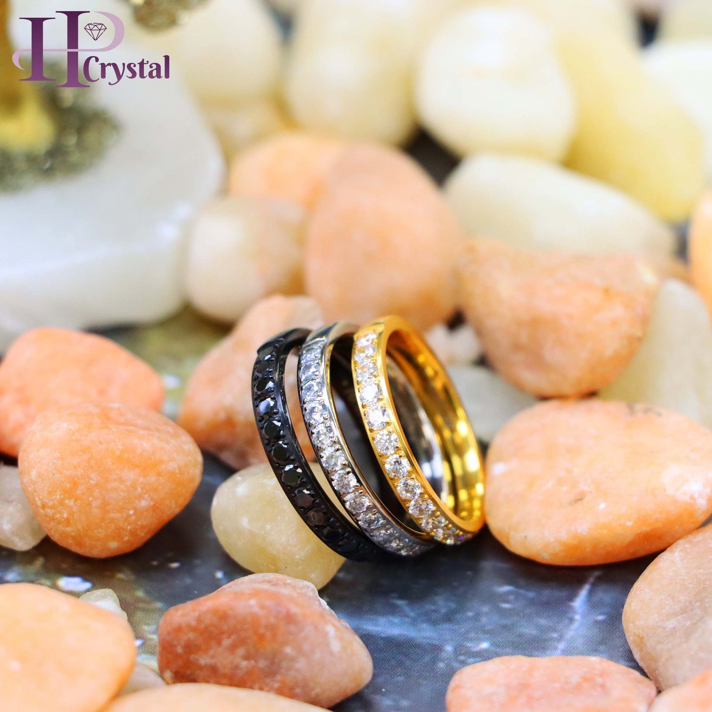 Titanium Half Eternity Ring with White & Black CZ Stones - Yellow & Black IP Plated, Stylish & Durable Wedding Band