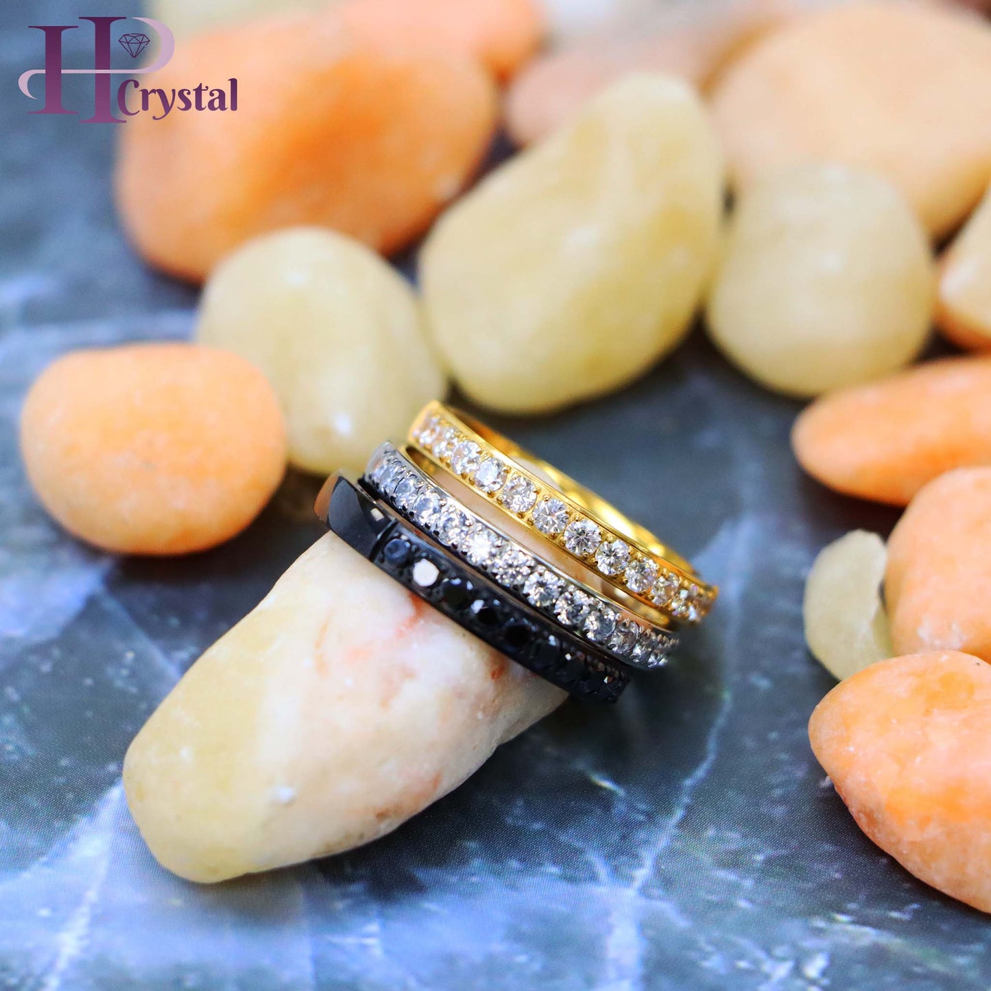 Titanium Half Eternity Ring with White & Black CZ Stones - Yellow & Black IP Plated, Stylish & Durable Wedding Band