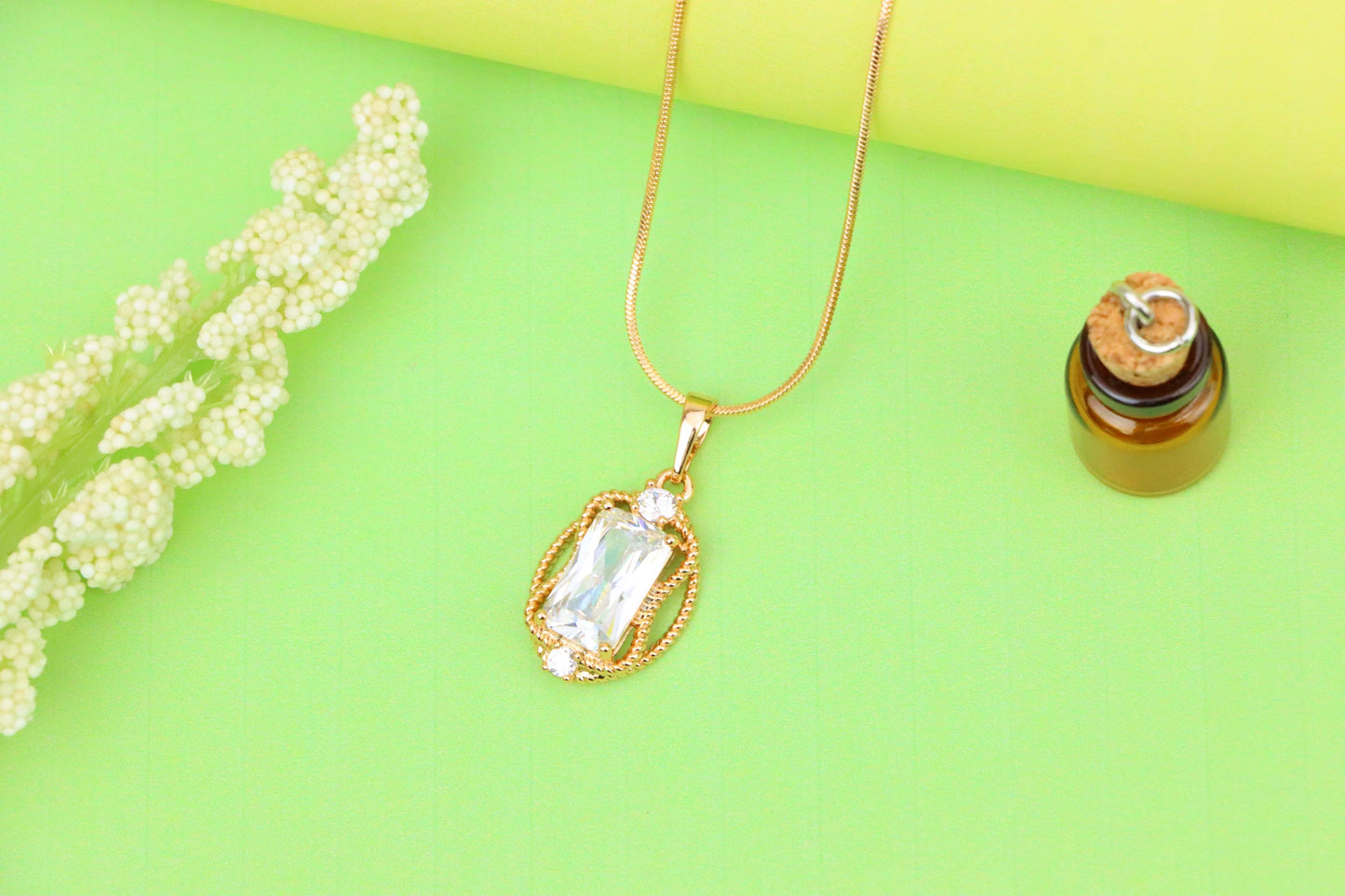 Elegant White Rectangle Pendant with Gold Rope Frame and Crystals, XPPT1684 (2164-3)