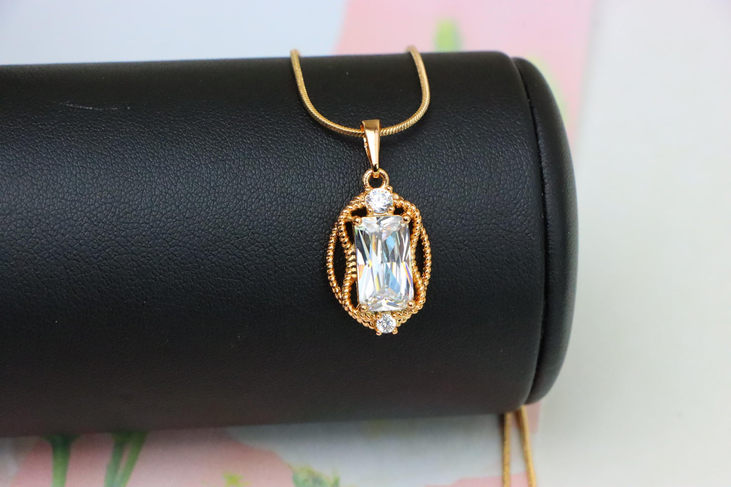 Elegant White Rectangle Pendant with Gold Rope Frame and Crystals, XPPT1684 (2164-3)