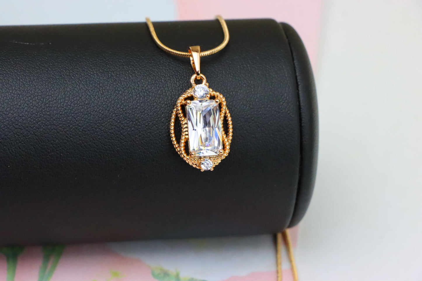 Elegant White Rectangle Pendant with Gold Rope Frame and Crystals, XPPT1684 (2164-3)