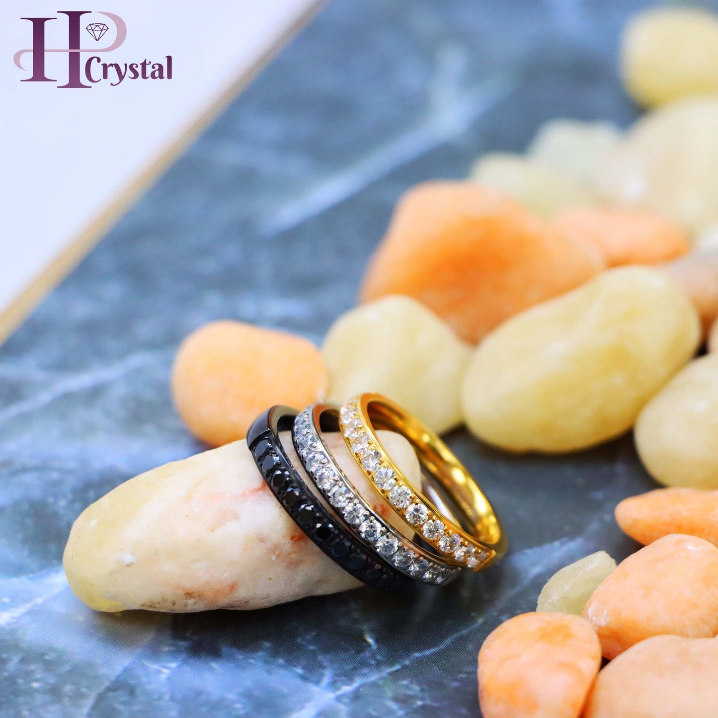 Titanium Half Eternity Ring with White & Black CZ Stones - Yellow & Black IP Plated, Stylish & Durable Wedding Band
