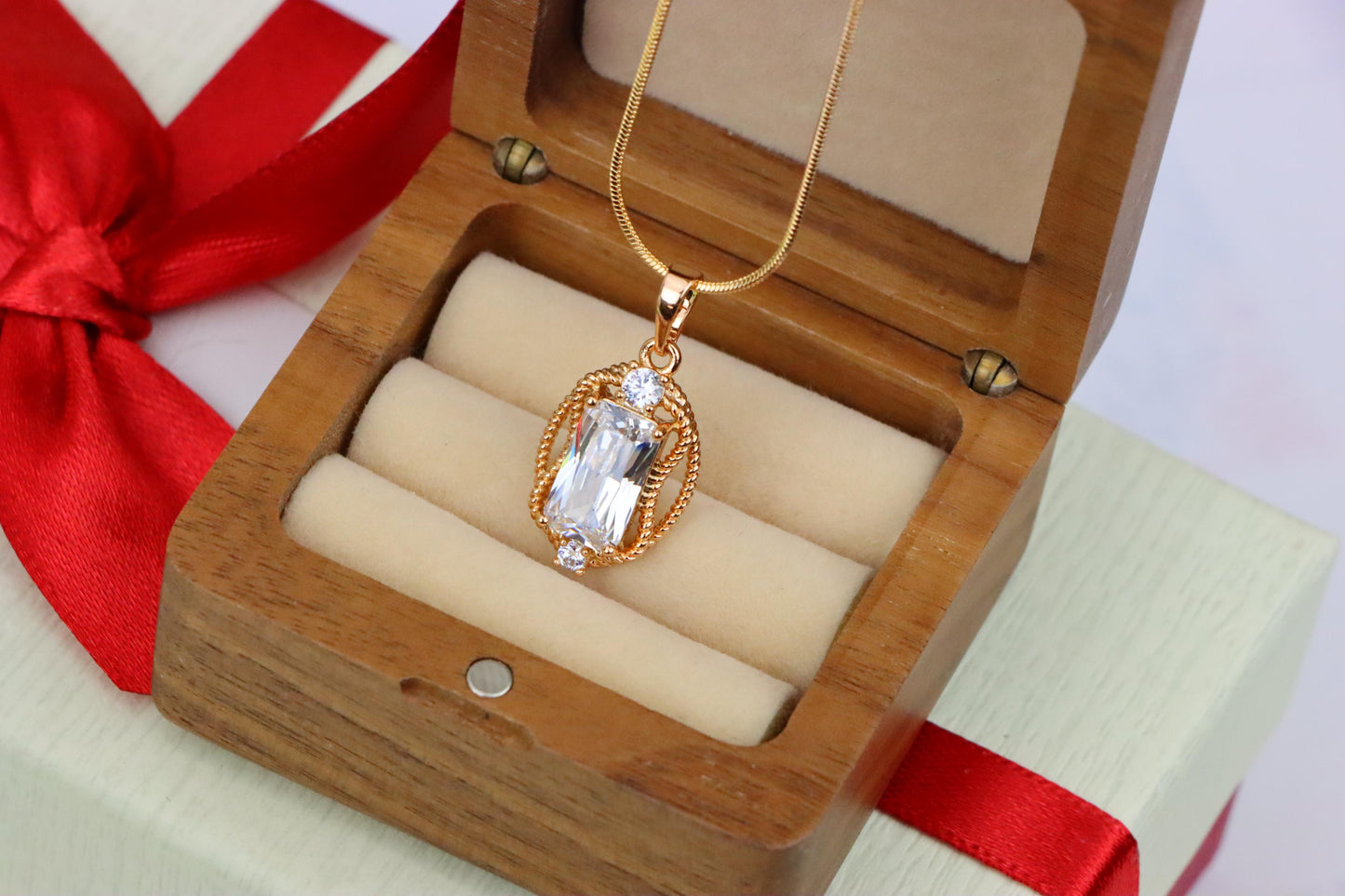 Elegant White Rectangle Pendant with Gold Rope Frame and Crystals, XPPT1684 (2164-3)