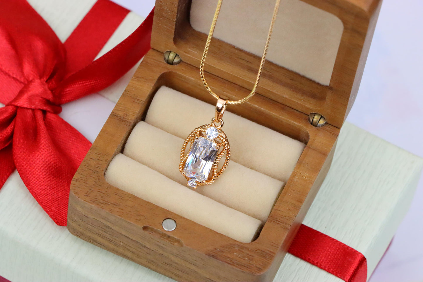 Elegant White Rectangle Pendant with Gold Rope Frame and Crystals, XPPT1684 (2164-3)