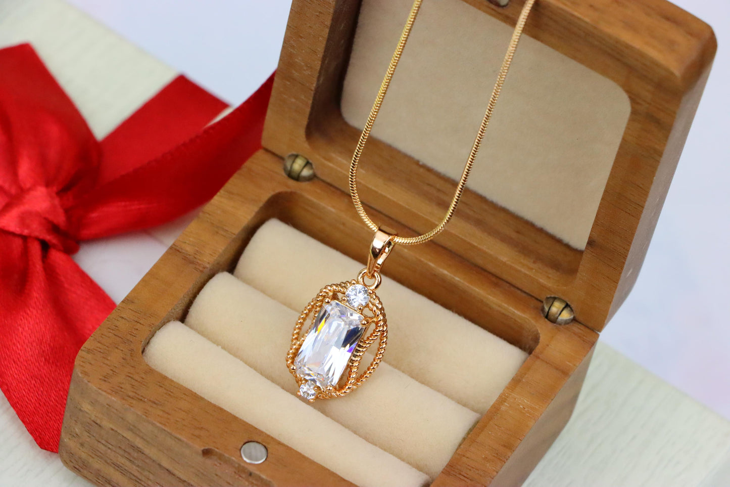 Elegant White Rectangle Pendant with Gold Rope Frame and Crystals, XPPT1684 (2164-3)