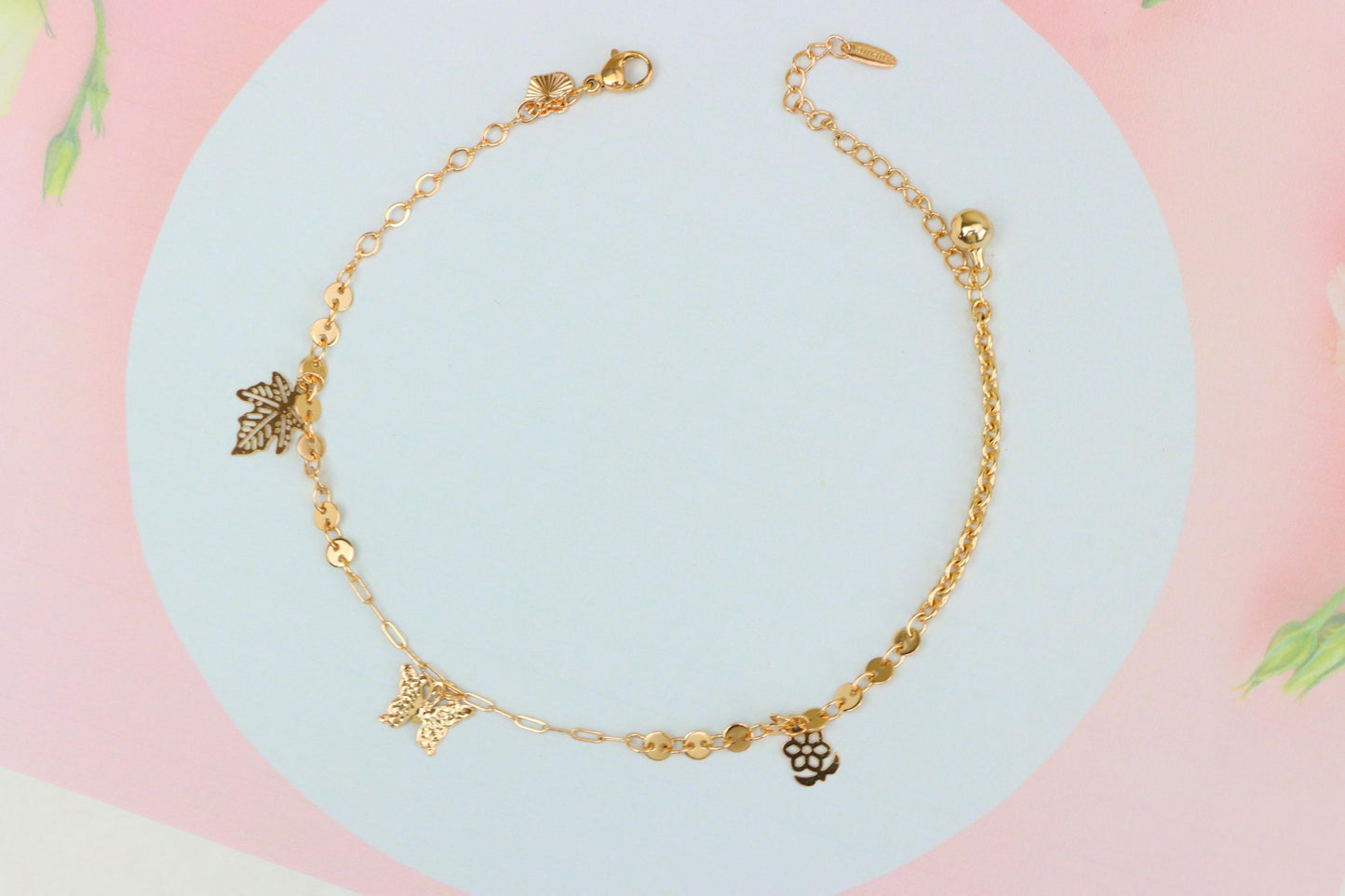 Rose Gold Anklet with Leaf & Butterfly Charms, XPAL1163 (2117-2)