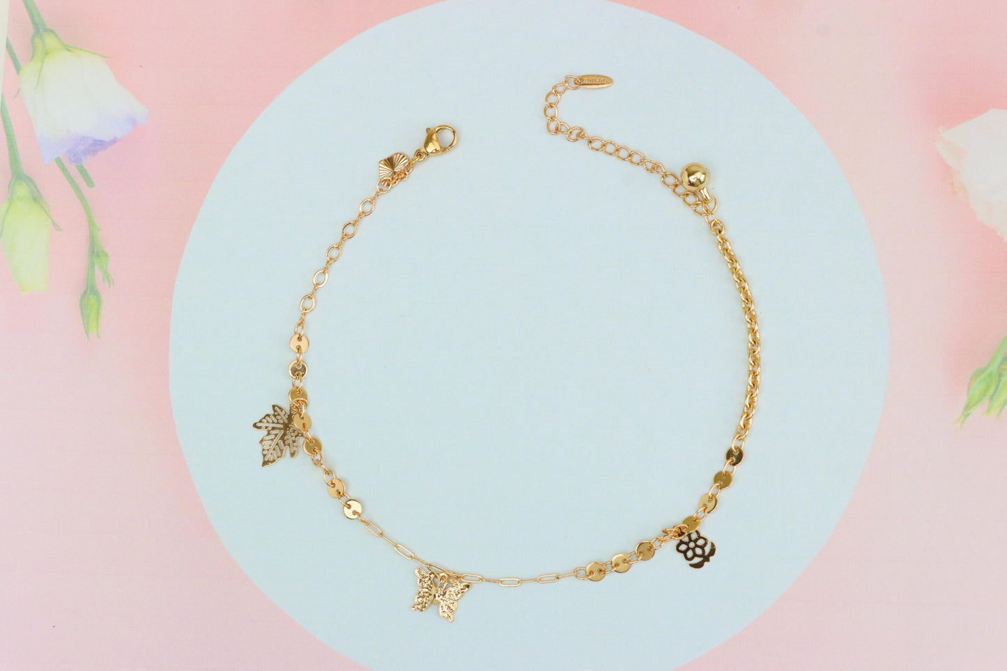 Rose Gold Anklet with Leaf & Butterfly Charms, XPAL1163 (2117-2)
