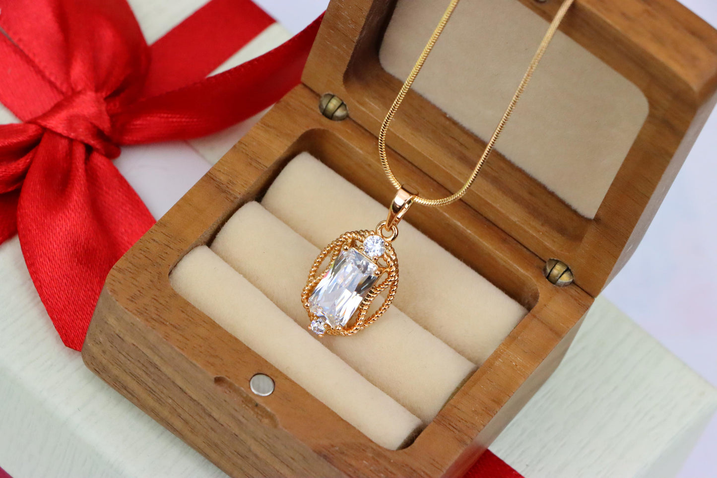 Elegant White Rectangle Pendant with Gold Rope Frame and Crystals, XPPT1684 (2164-3)