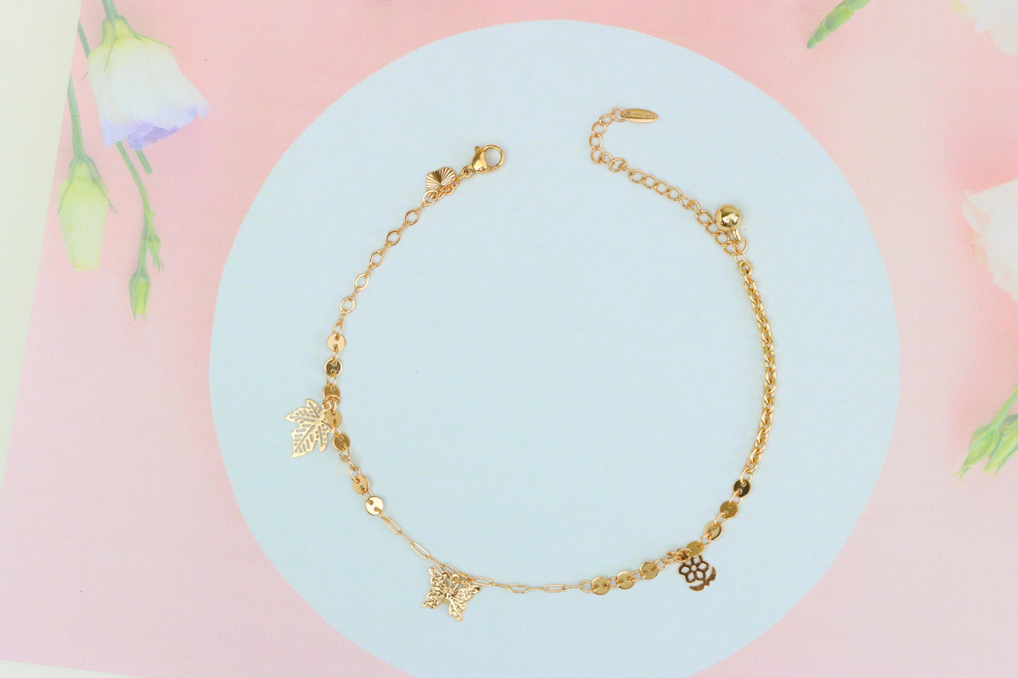 Rose Gold Anklet with Leaf & Butterfly Charms, XPAL1163 (2117-2)