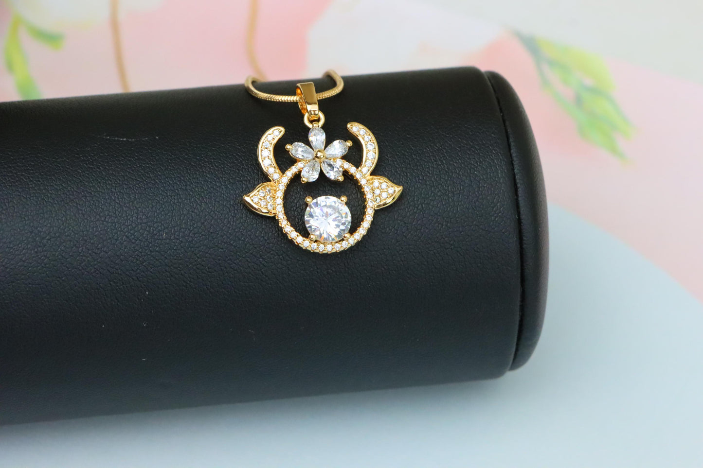 Rose Gold Reindeer Pendant with Sparkling Flower and CZ Center, XPPT1540 (2143-2)