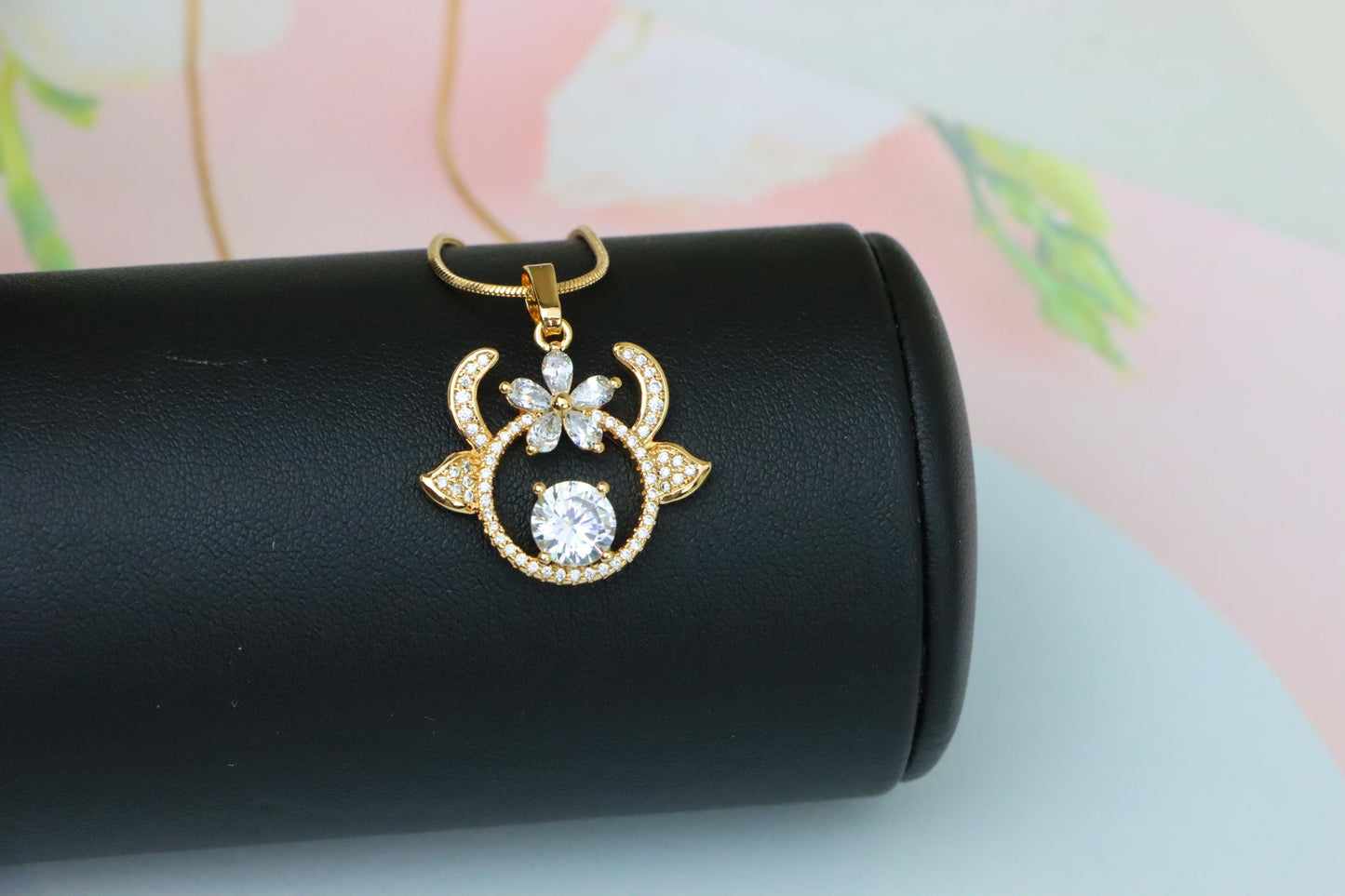 Rose Gold Reindeer Pendant with Sparkling Flower and CZ Center, XPPT1540 (2143-2)