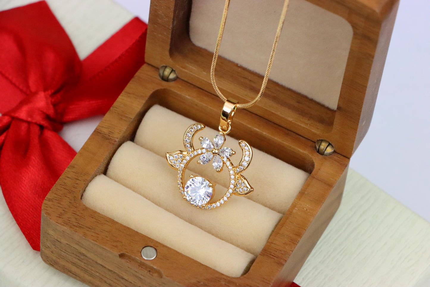 Rose Gold Reindeer Pendant with Sparkling Flower and CZ Center, XPPT1540 (2143-2)