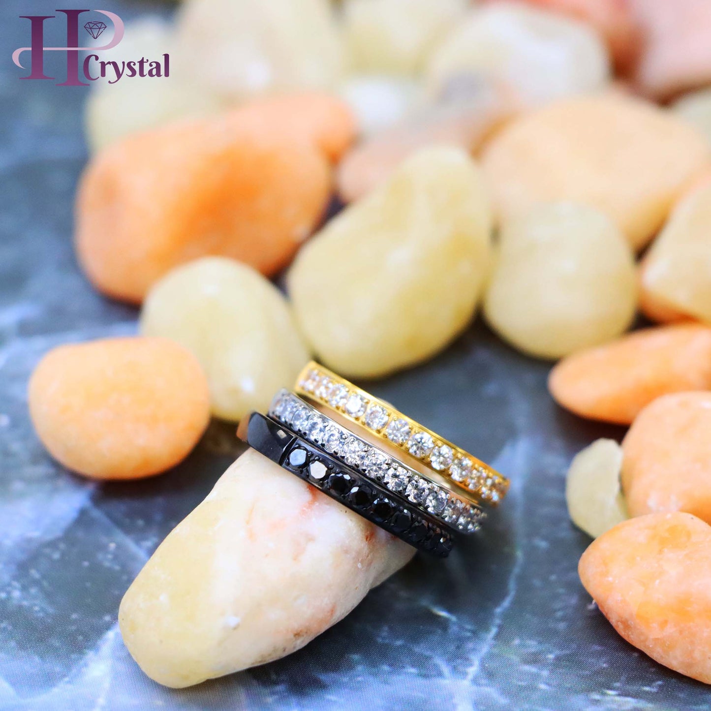 Titanium Half Eternity Ring with White & Black CZ Stones - Yellow & Black IP Plated, Stylish & Durable Wedding Band