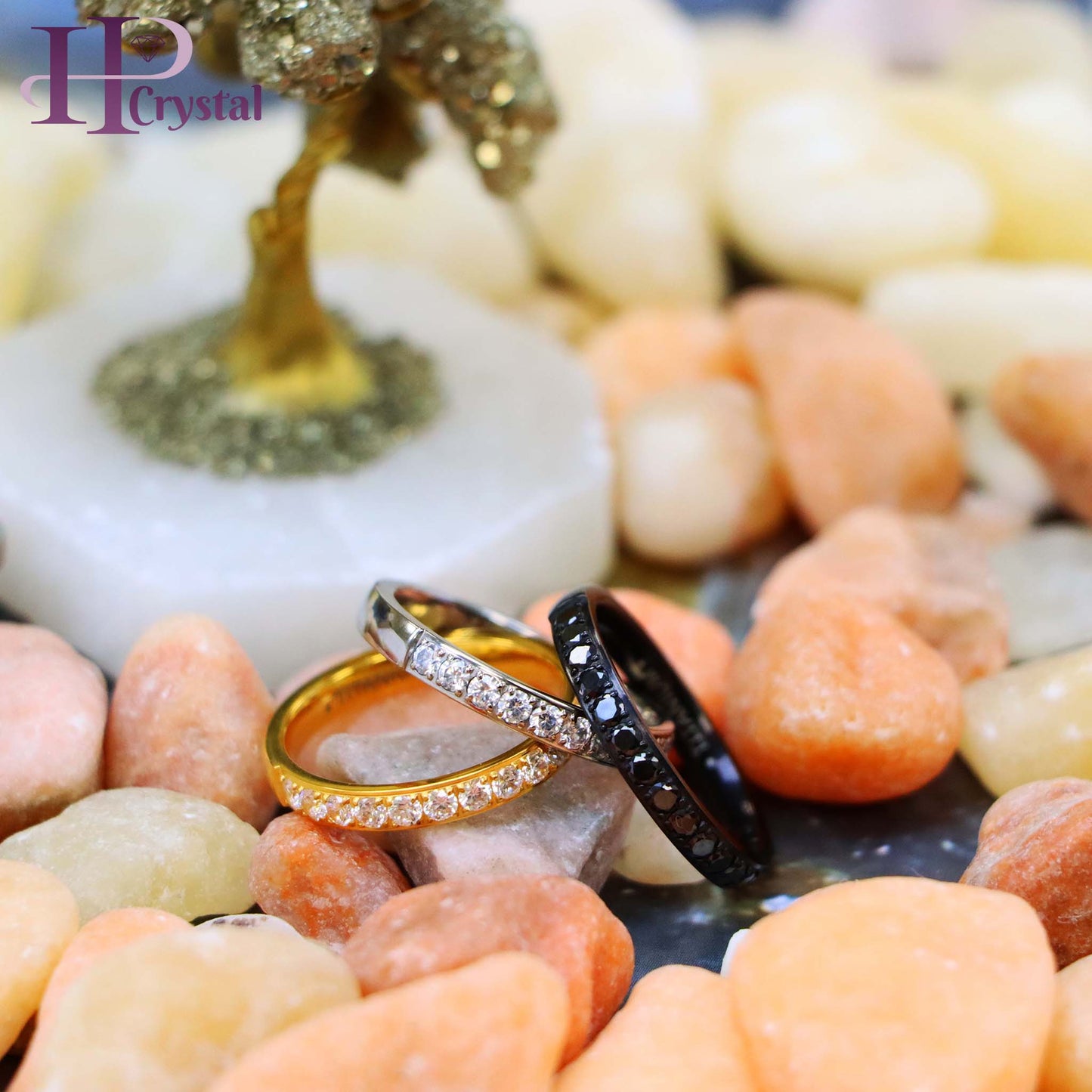 Titanium Half Eternity Ring with White & Black CZ Stones - Yellow & Black IP Plated, Stylish & Durable Wedding Band