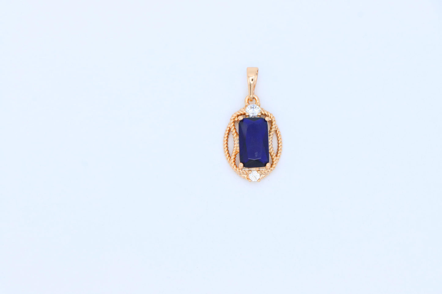 Deep Blue Rectangle Pendant with Gold Rope Frame and Crystal Accents, XPPT1685 (2164-3)