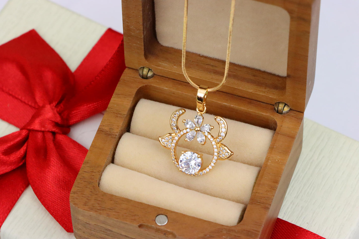 Rose Gold Reindeer Pendant with Sparkling Flower and CZ Center, XPPT1540 (2143-2)