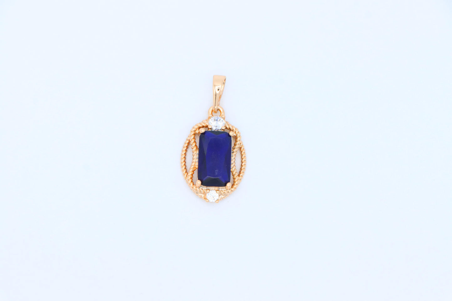 Deep Blue Rectangle Pendant with Gold Rope Frame and Crystal Accents, XPPT1685 (2164-3)