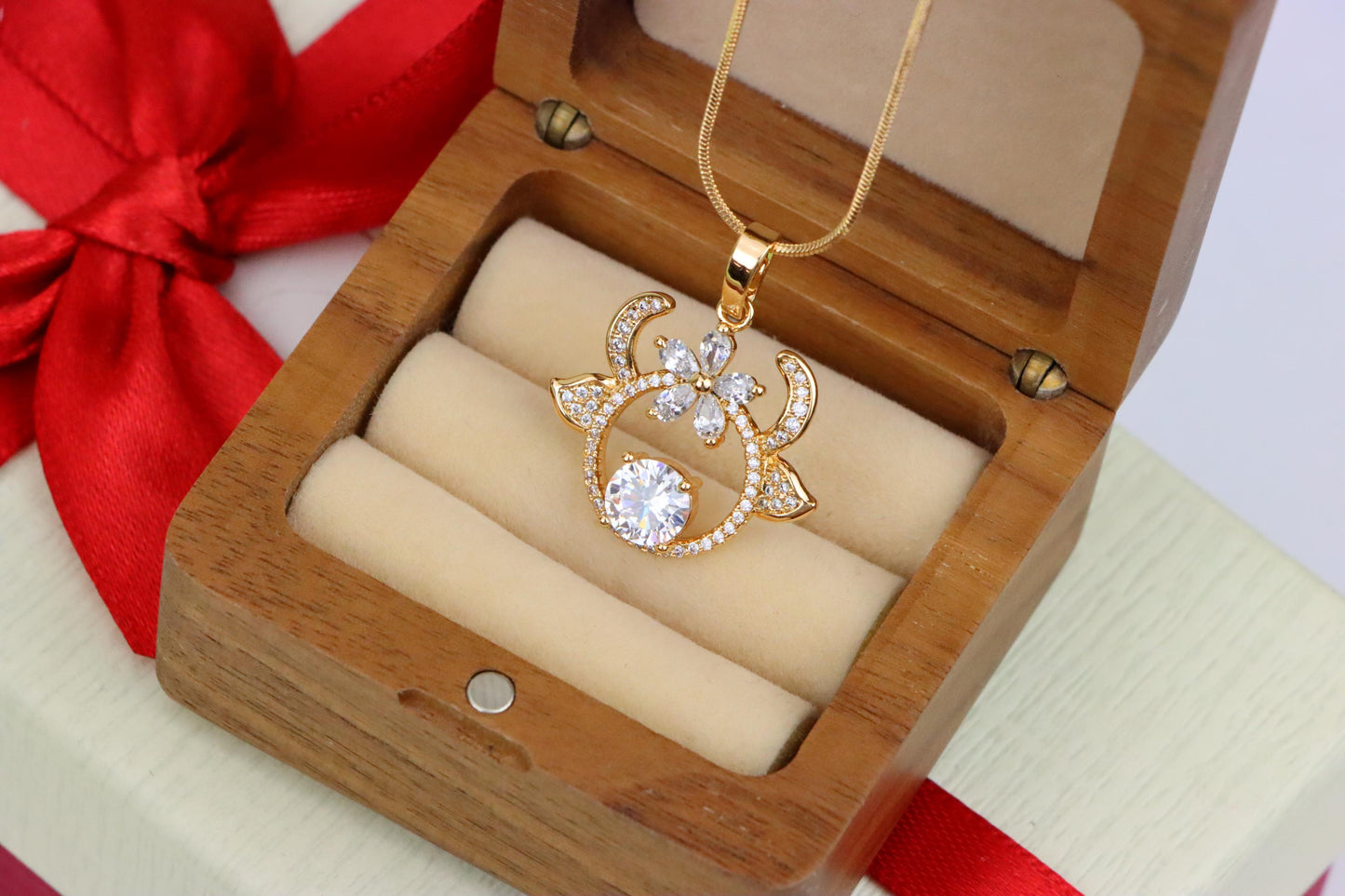 Rose Gold Reindeer Pendant with Sparkling Flower and CZ Center, XPPT1540 (2143-2)