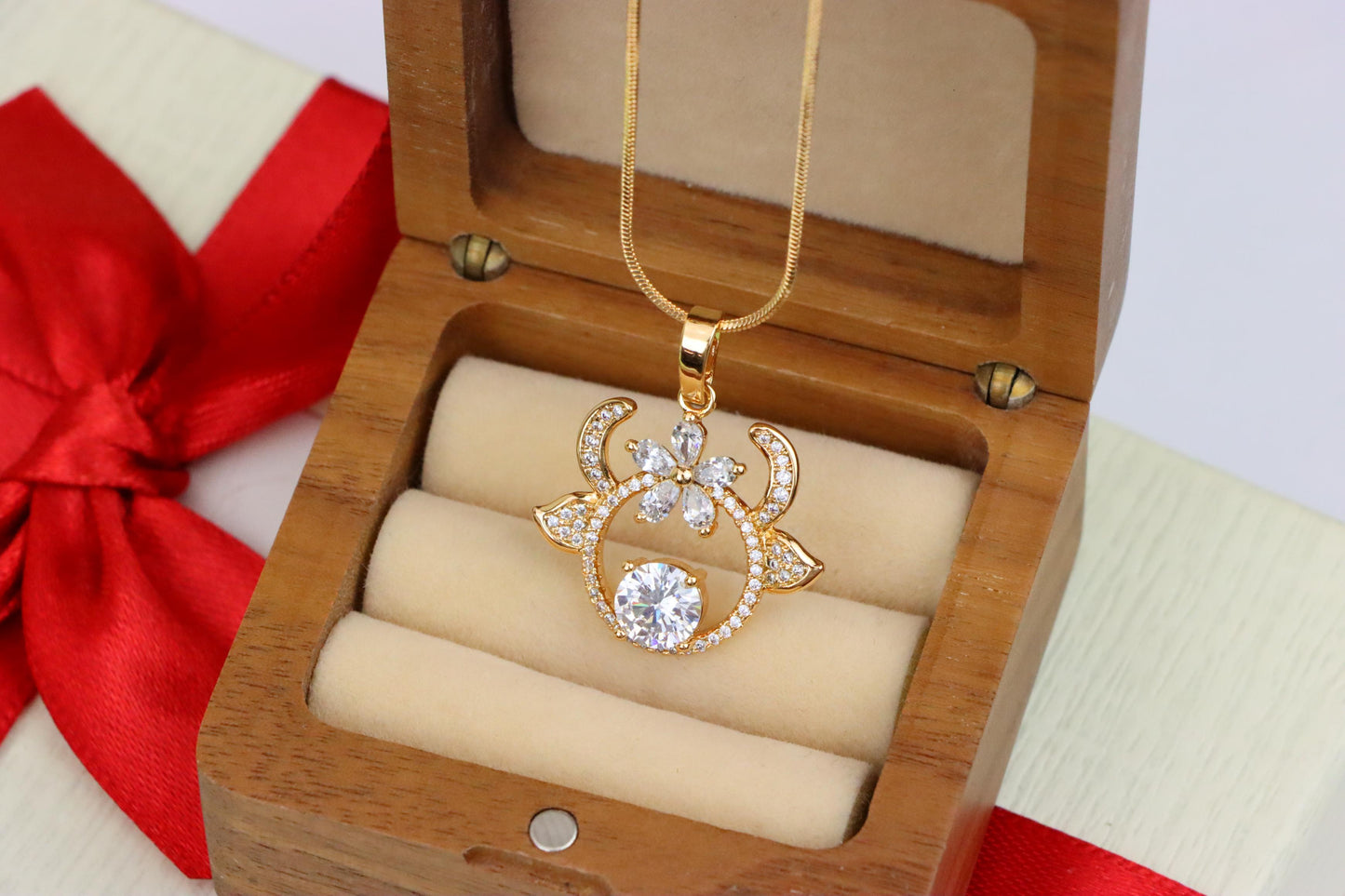 Rose Gold Reindeer Pendant with Sparkling Flower and CZ Center, XPPT1540 (2143-2)