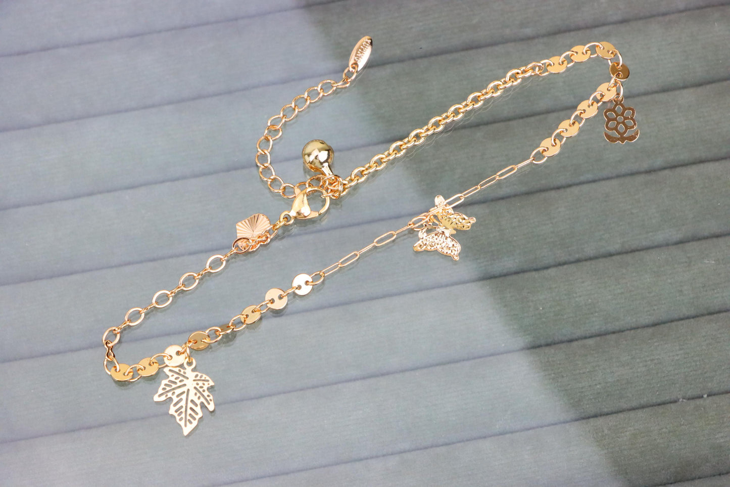 Rose Gold Anklet with Leaf & Butterfly Charms, XPAL1163 (2117-2)