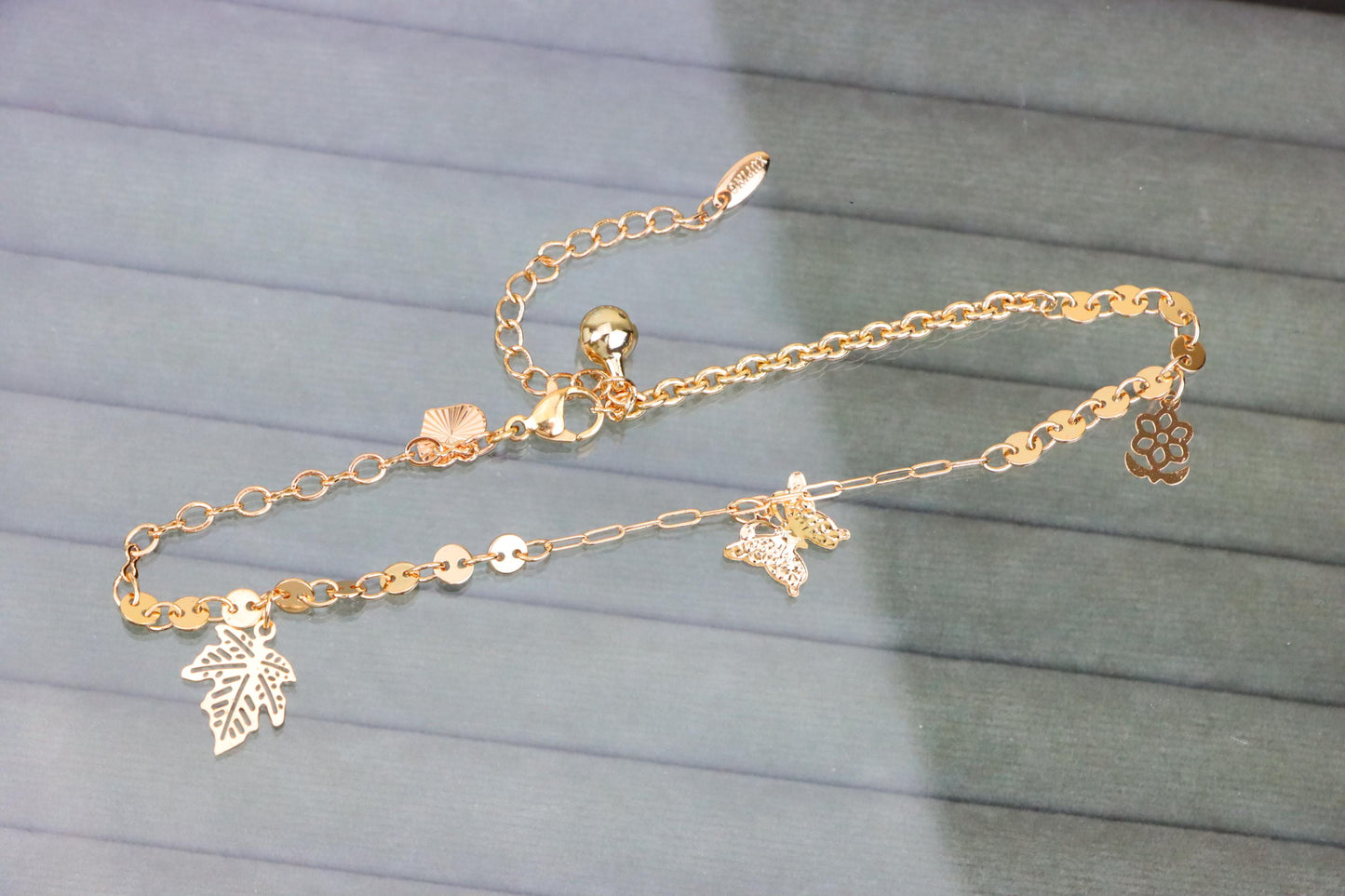 Rose Gold Anklet with Leaf & Butterfly Charms, XPAL1163 (2117-2)
