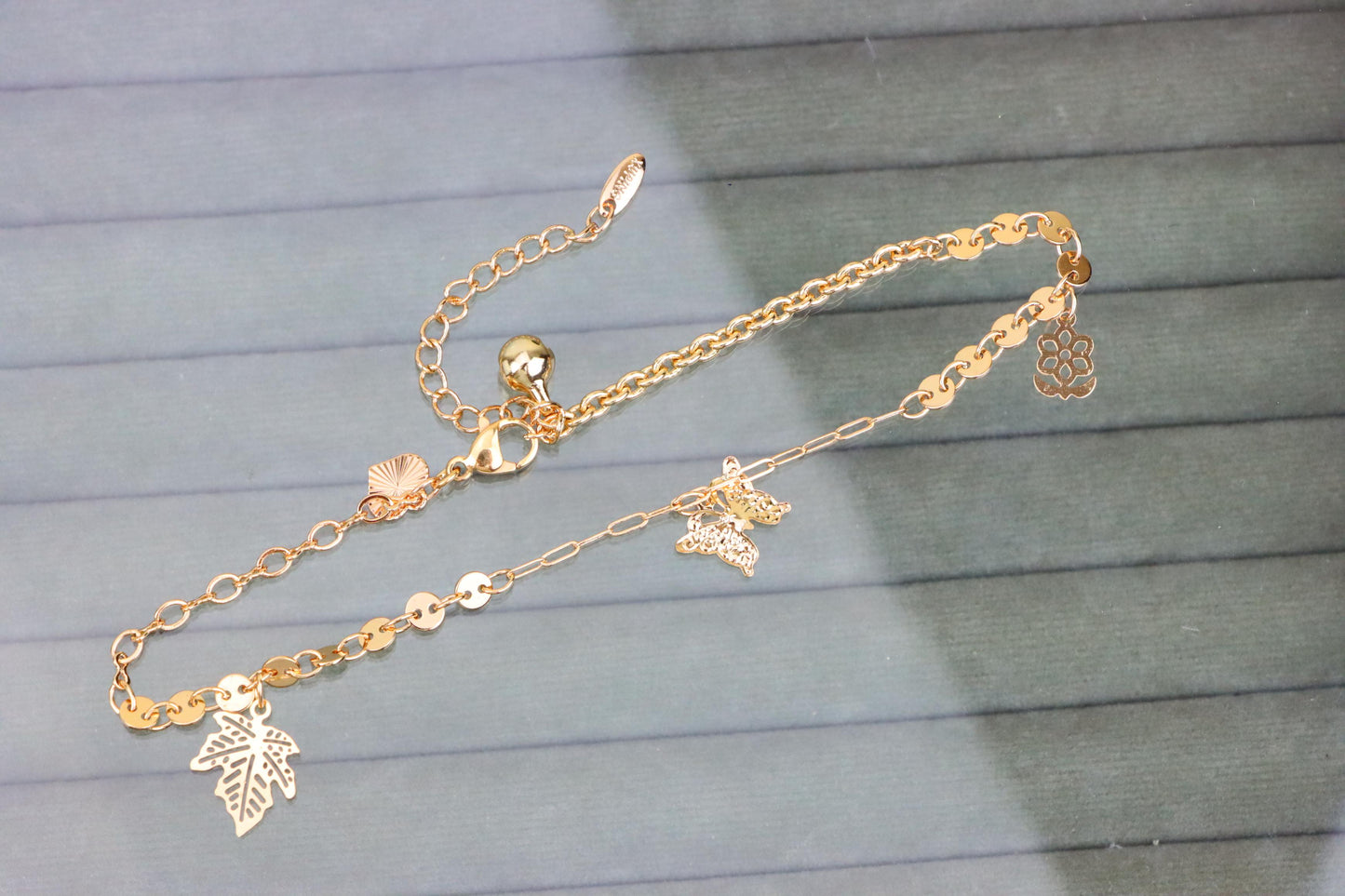 Rose Gold Anklet with Leaf & Butterfly Charms, XPAL1163 (2117-2)