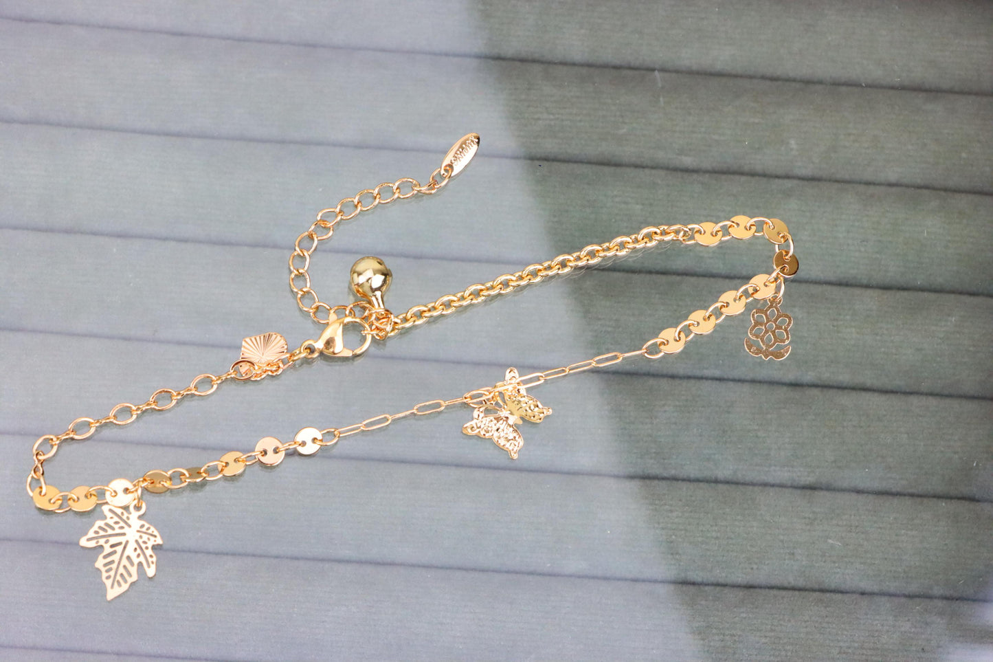 Rose Gold Anklet with Leaf & Butterfly Charms, XPAL1163 (2117-2)