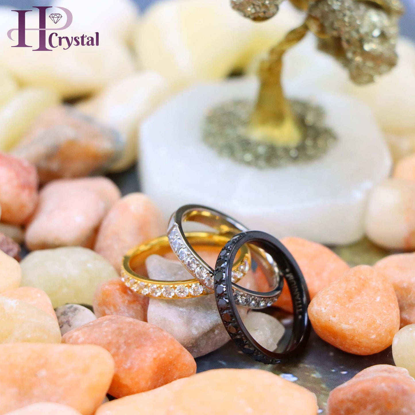 Titanium Half Eternity Ring with White & Black CZ Stones - Yellow & Black IP Plated, Stylish & Durable Wedding Band