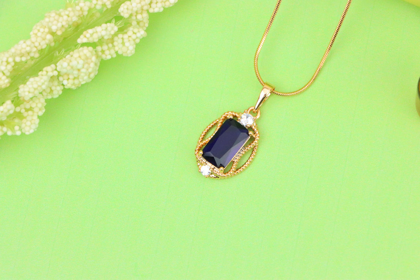 Deep Blue Rectangle Pendant with Gold Rope Frame and Crystal Accents, XPPT1685 (2164-3)