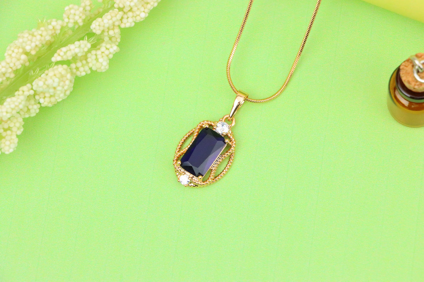 Deep Blue Rectangle Pendant with Gold Rope Frame and Crystal Accents, XPPT1685 (2164-3)