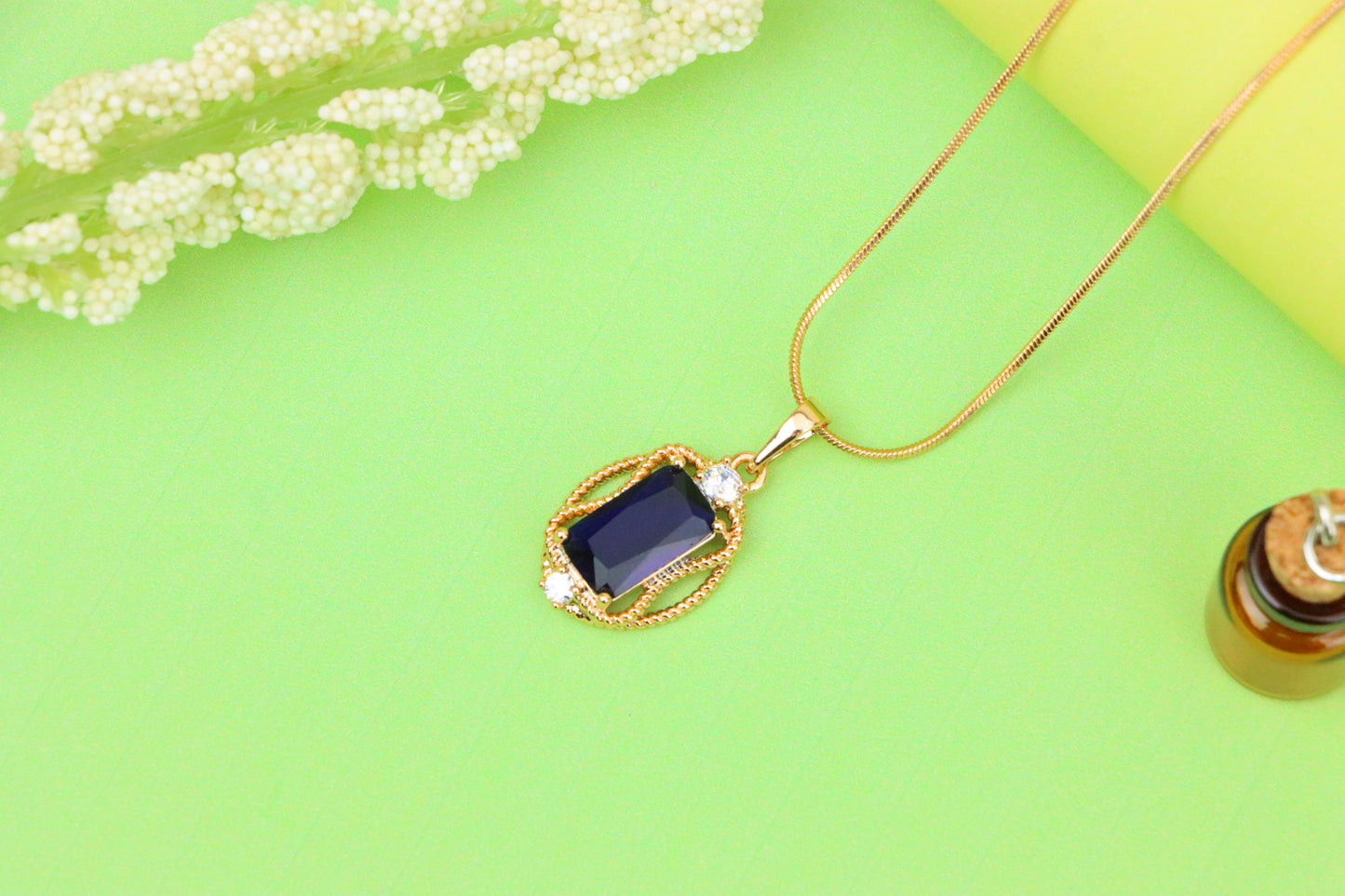 Deep Blue Rectangle Pendant with Gold Rope Frame and Crystal Accents, XPPT1685 (2164-3)