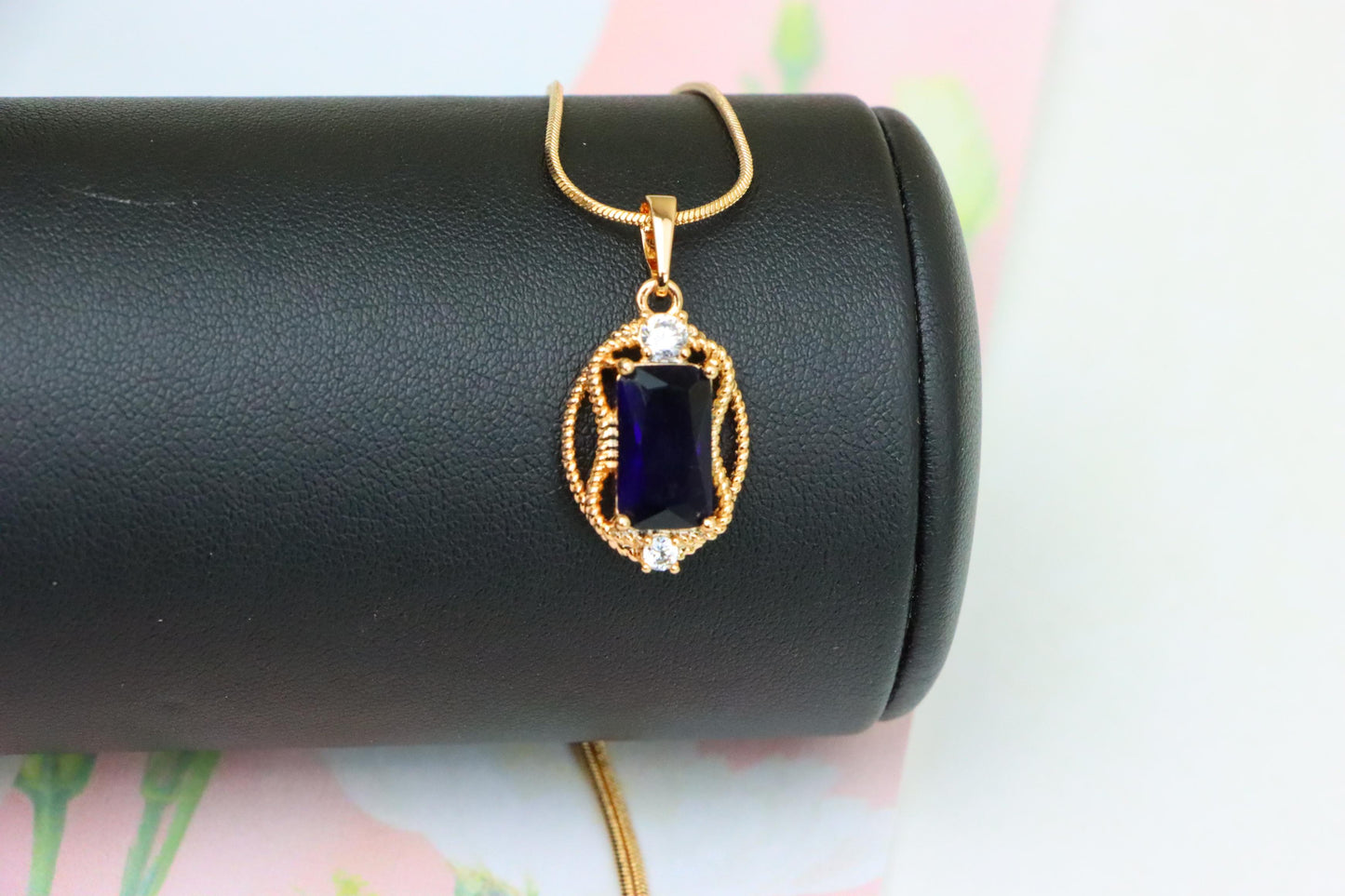Deep Blue Rectangle Pendant with Gold Rope Frame and Crystal Accents, XPPT1685 (2164-3)