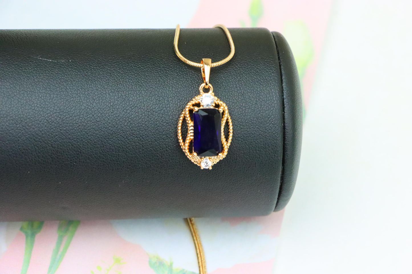 Deep Blue Rectangle Pendant with Gold Rope Frame and Crystal Accents, XPPT1685 (2164-3)