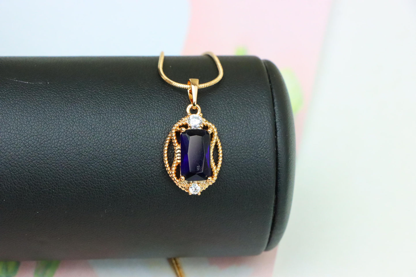 Deep Blue Rectangle Pendant with Gold Rope Frame and Crystal Accents, XPPT1685 (2164-3)