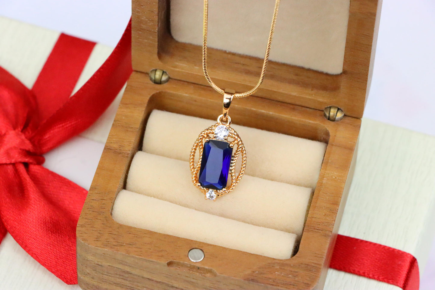 Deep Blue Rectangle Pendant with Gold Rope Frame and Crystal Accents, XPPT1685 (2164-3)