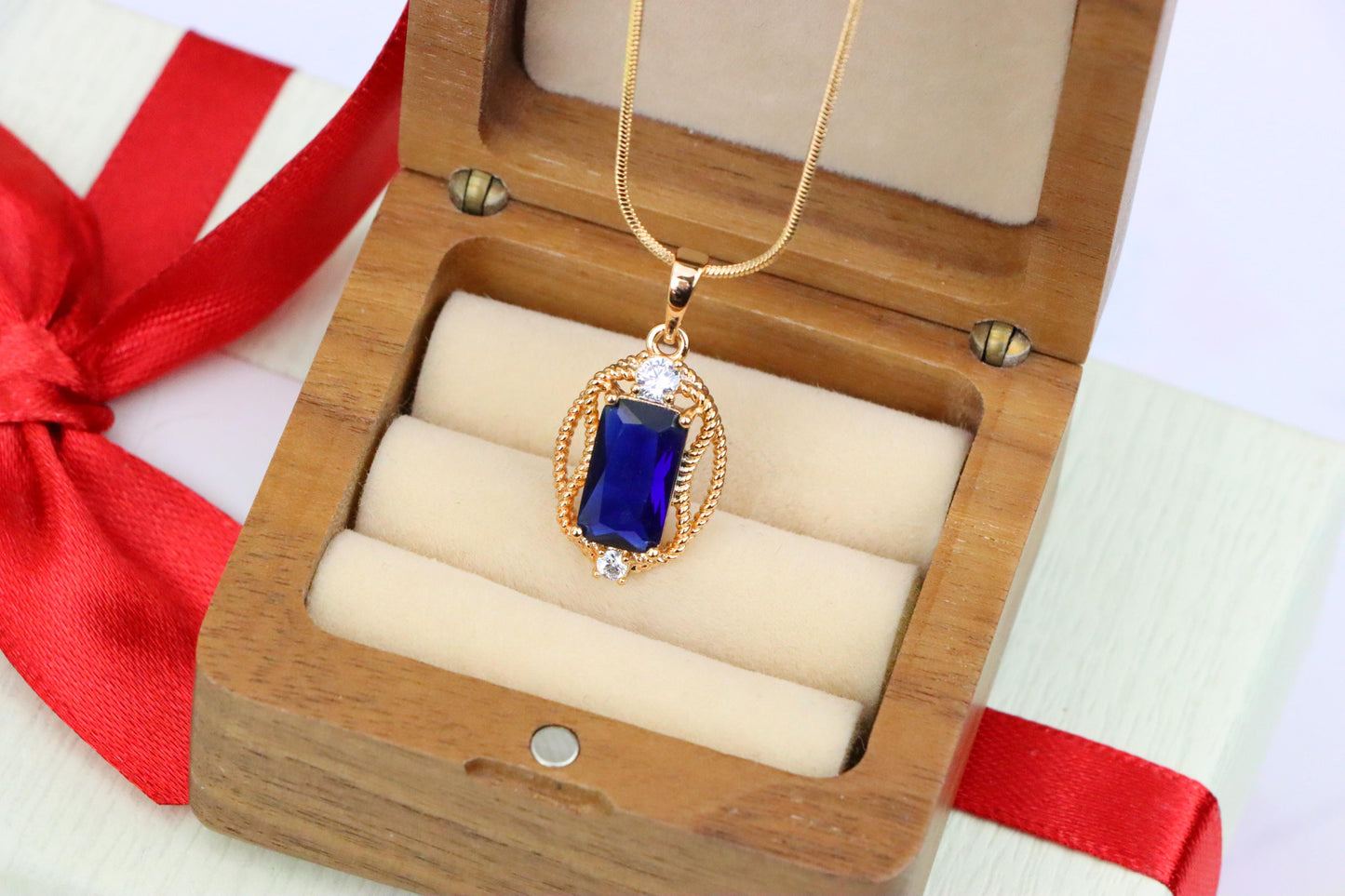 Deep Blue Rectangle Pendant with Gold Rope Frame and Crystal Accents, XPPT1685 (2164-3)