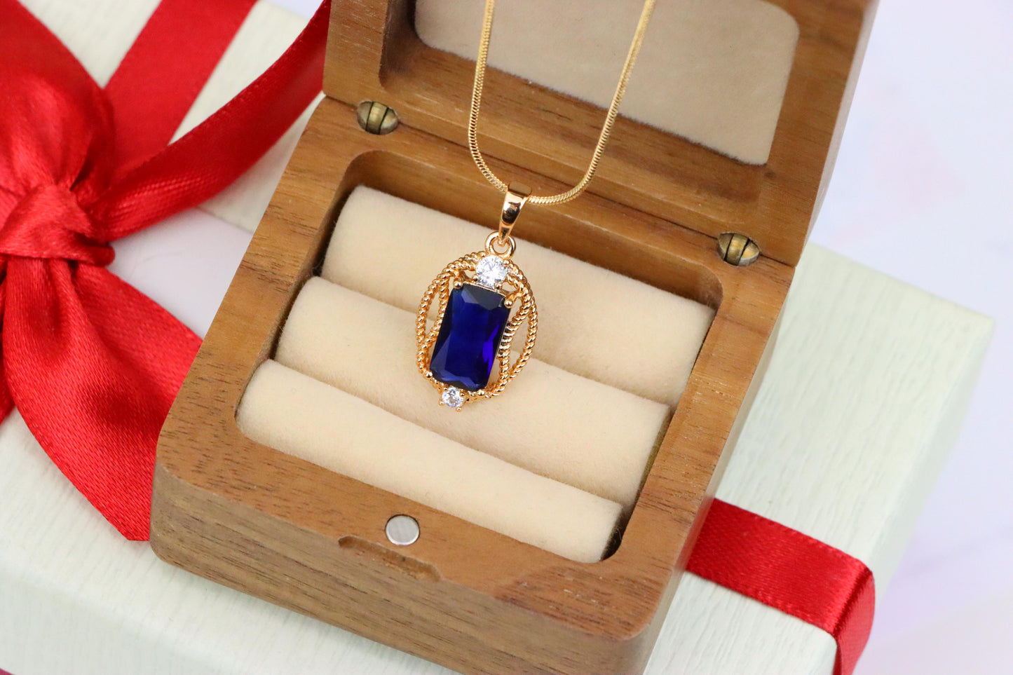 Deep Blue Rectangle Pendant with Gold Rope Frame and Crystal Accents, XPPT1685 (2164-3)