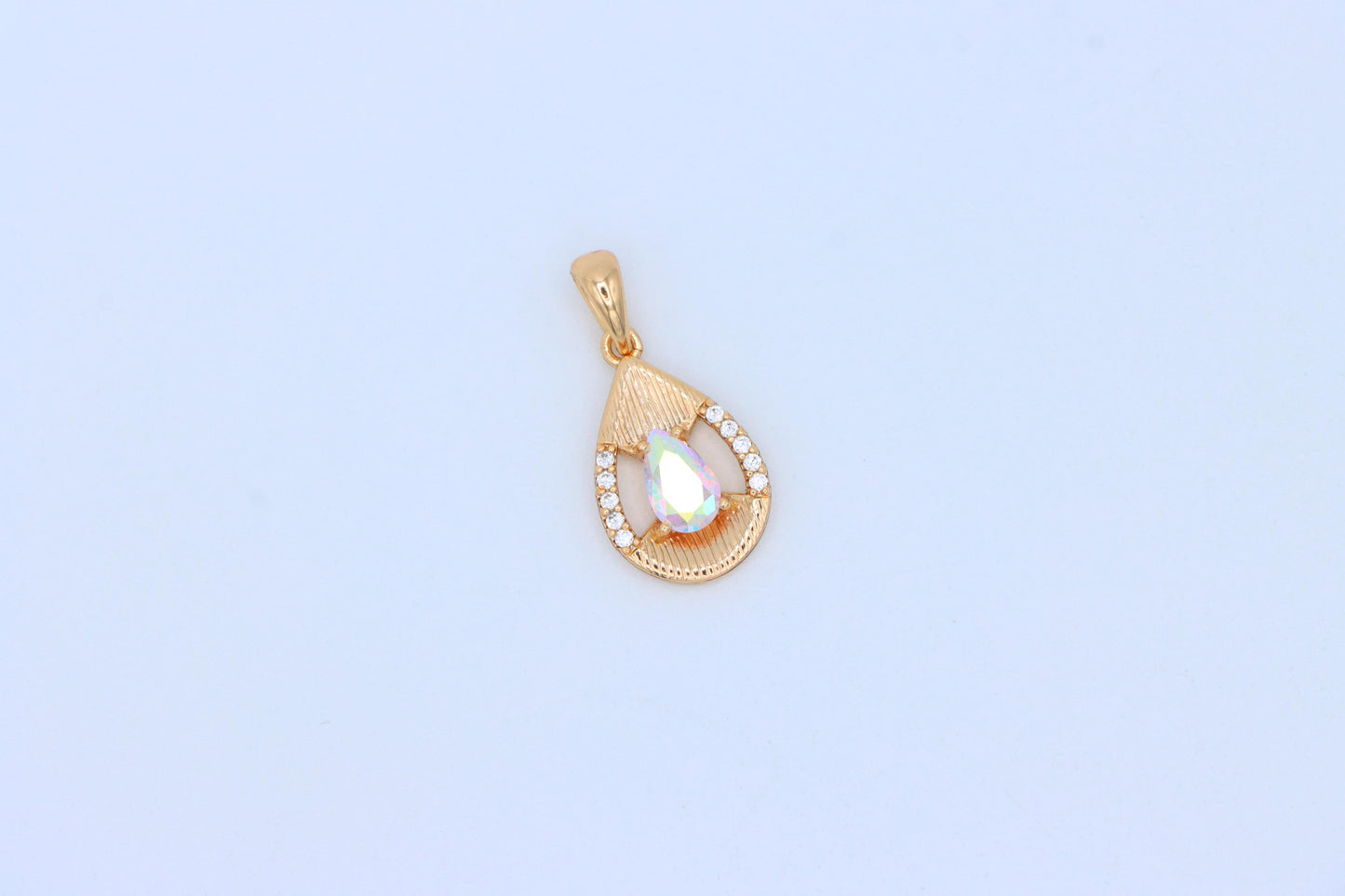 Teardrop Pendant with White Rainbow Stone and Gold Frame Design, XPPT1686 (2164-4)
