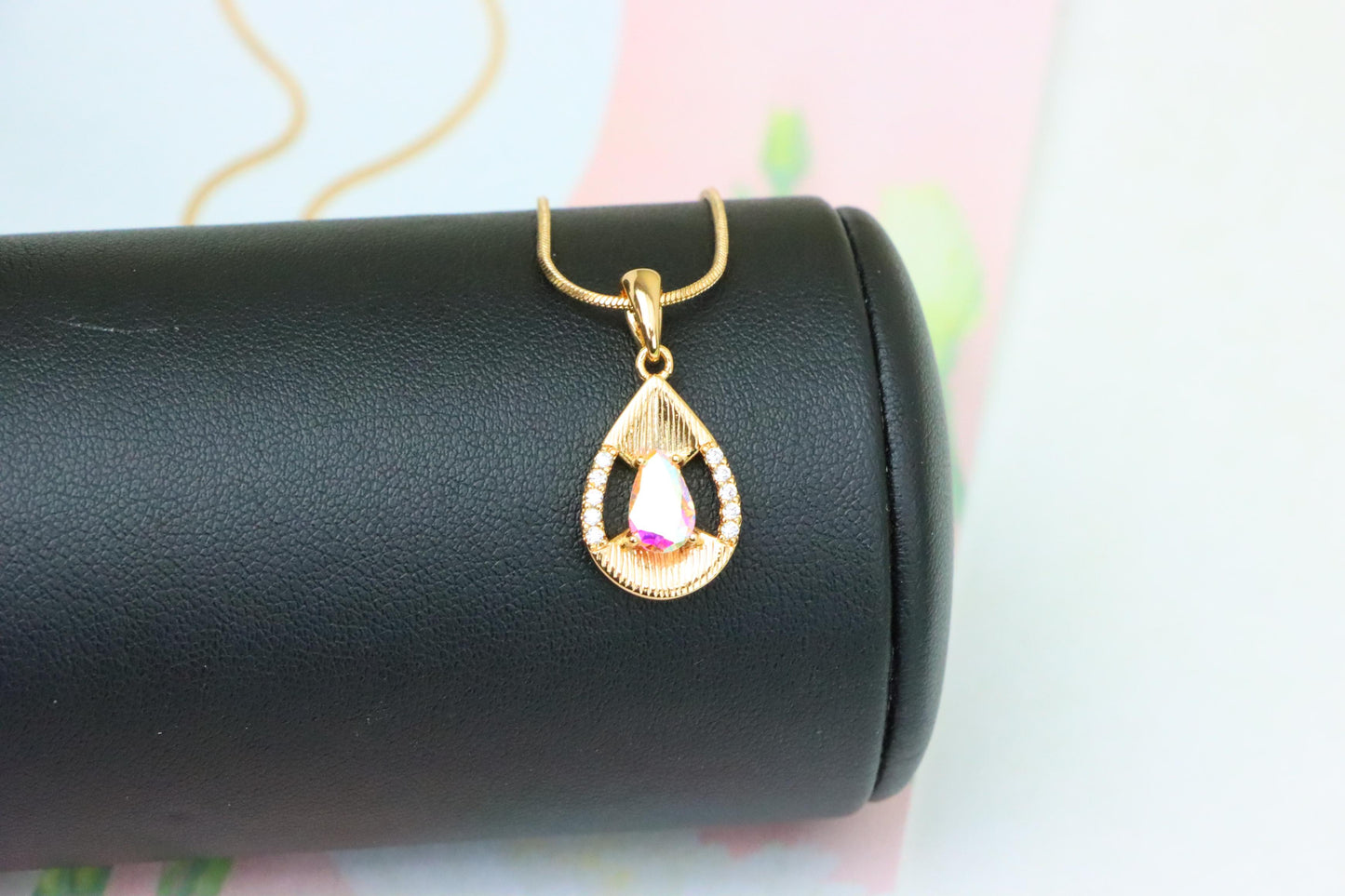 Teardrop Pendant with White Rainbow Stone and Gold Frame Design, XPPT1686 (2164-4)
