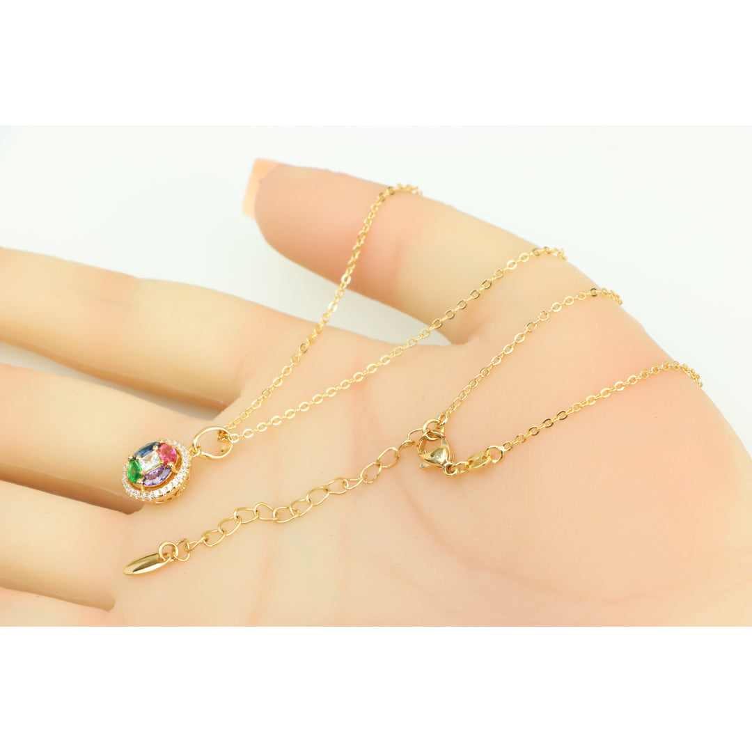 Rose Gold Round Pendant Necklace with Colorful Stone Detailing, XPNL0409 (2041-9)
