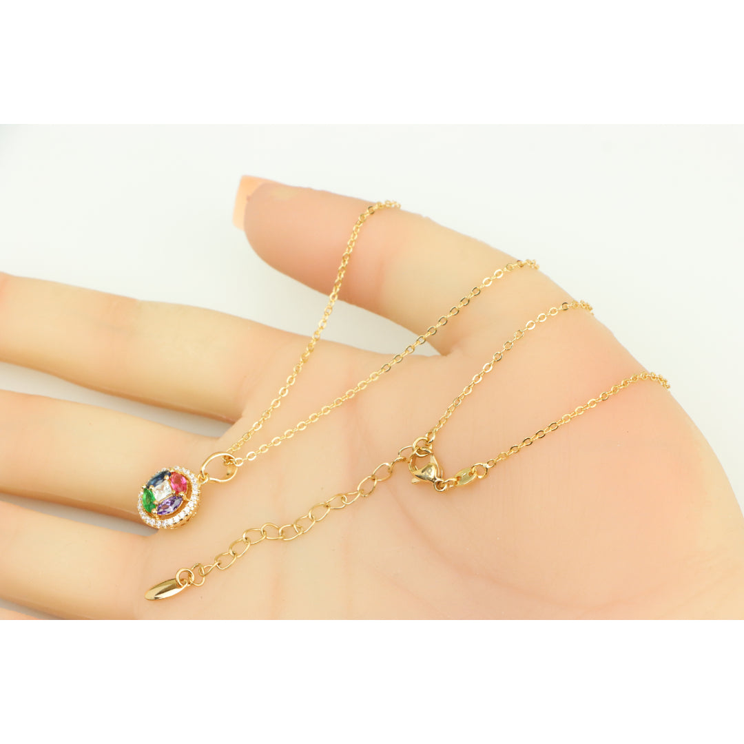 Rose Gold Round Pendant Necklace with Colorful Stone Detailing, XPNL0409 (2041-9)
