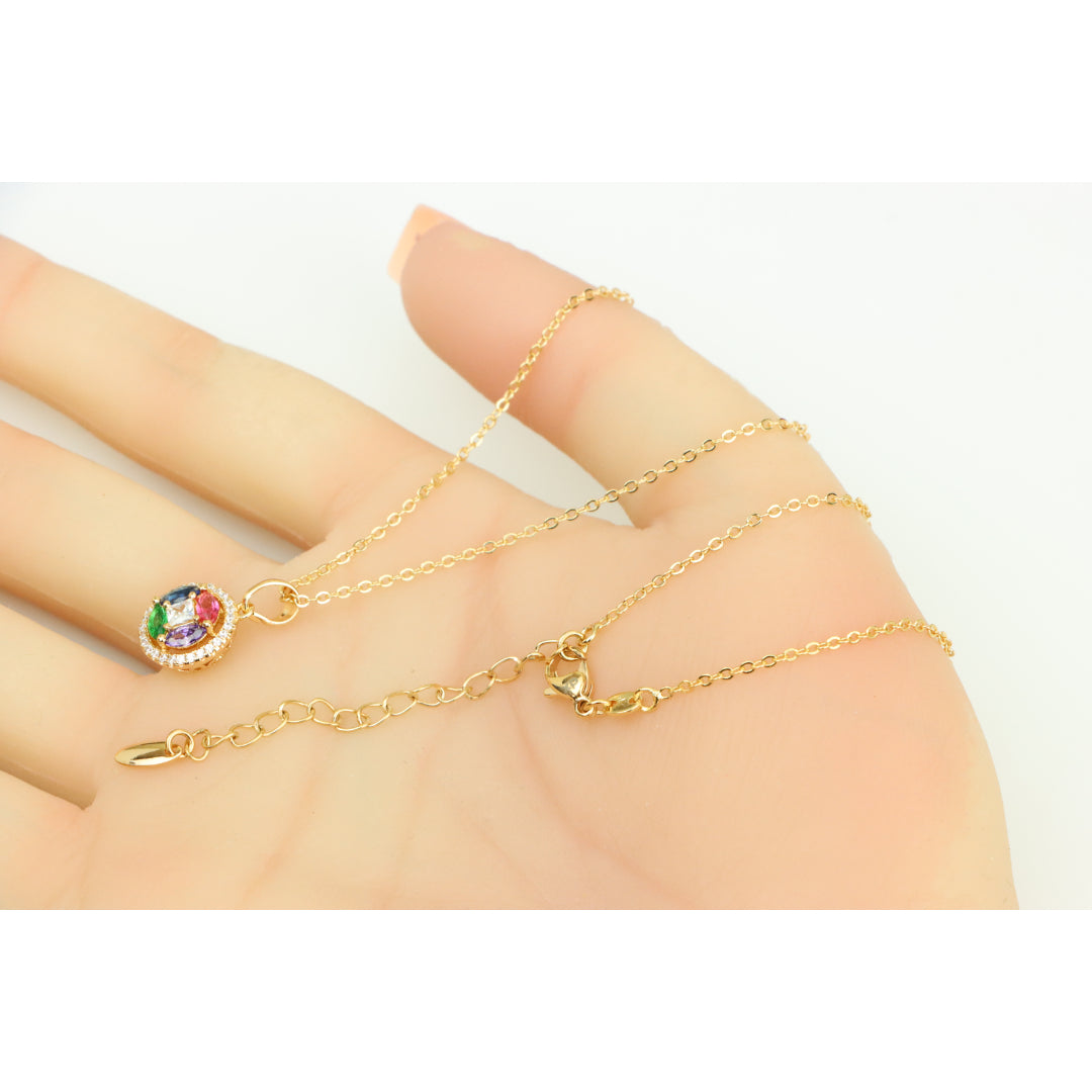 Rose Gold Round Pendant Necklace with Colorful Stone Detailing, XPNL0409 (2041-9)