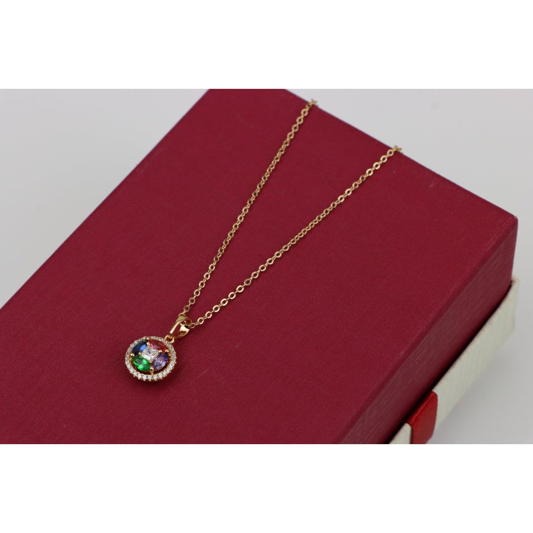 Rose Gold Round Pendant Necklace with Colorful Stone Detailing, XPNL0409 (2041-9)
