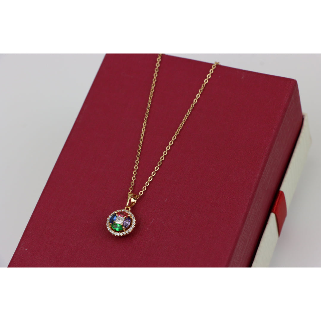 Rose Gold Round Pendant Necklace with Colorful Stone Detailing, XPNL0409 (2041-9)