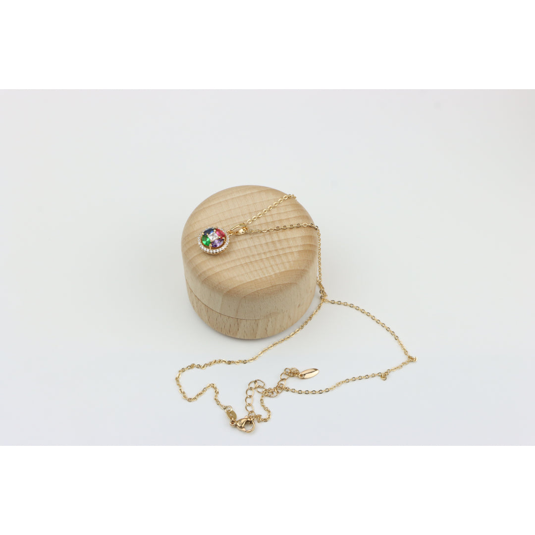 Rose Gold Round Pendant Necklace with Colorful Stone Detailing, XPNL0409 (2041-9)