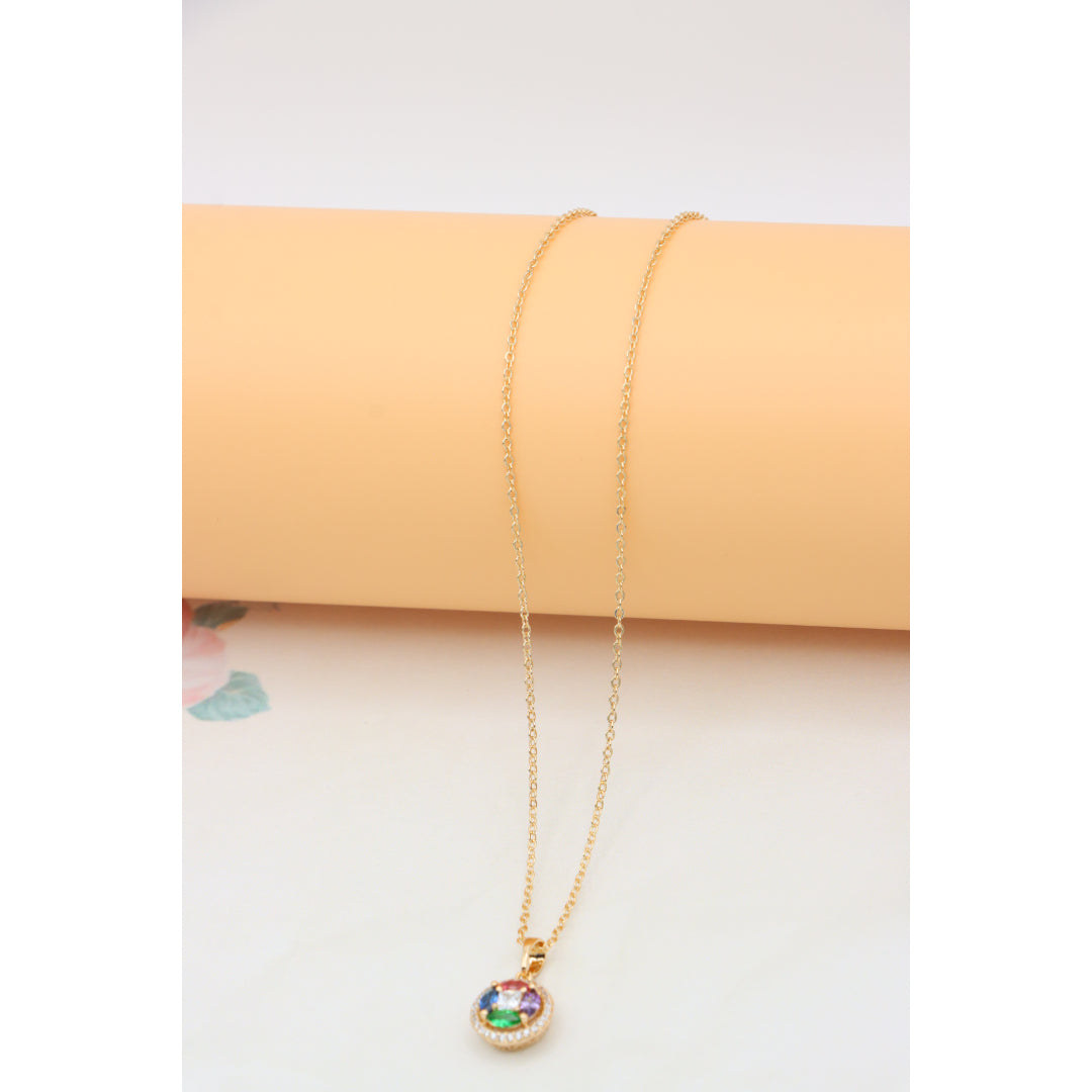 Rose Gold Round Pendant Necklace with Colorful Stone Detailing, XPNL0409 (2041-9)